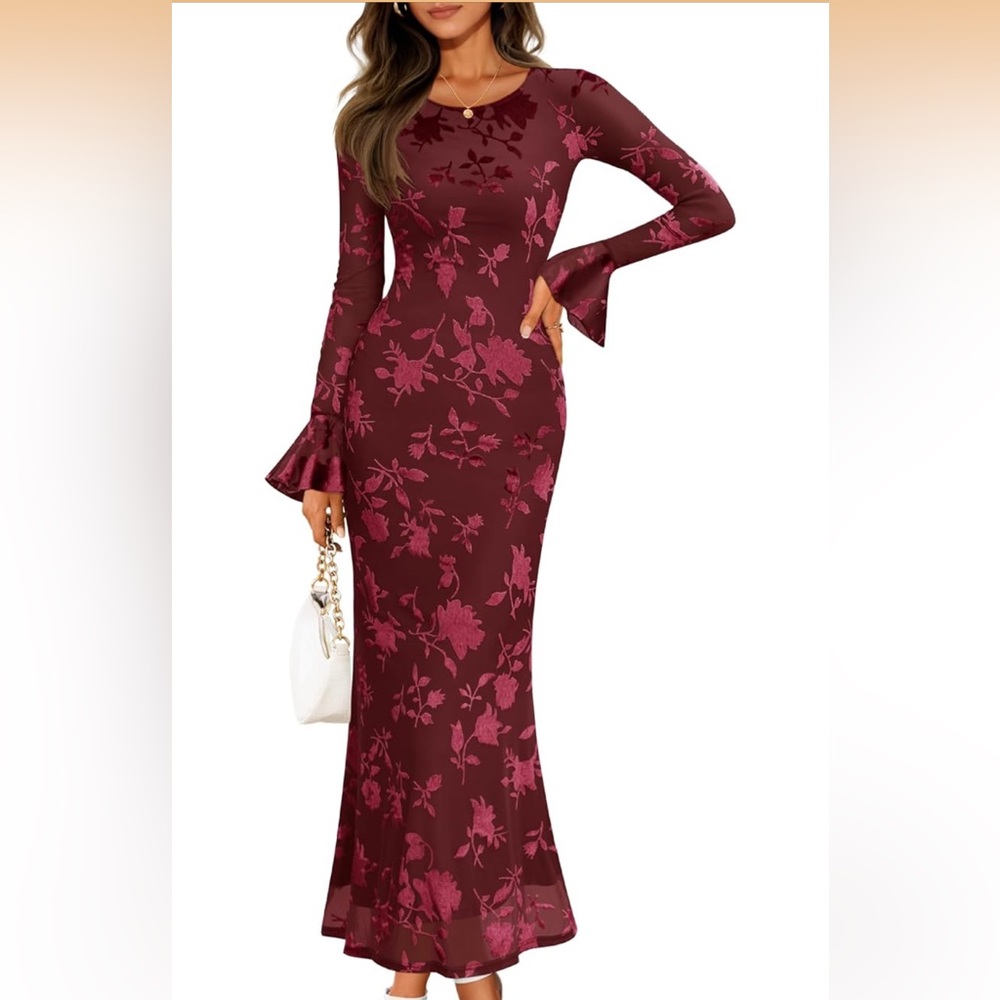 NWT Zesica Elegant Floral Burgundy Maxi Dress Bell Sleeves